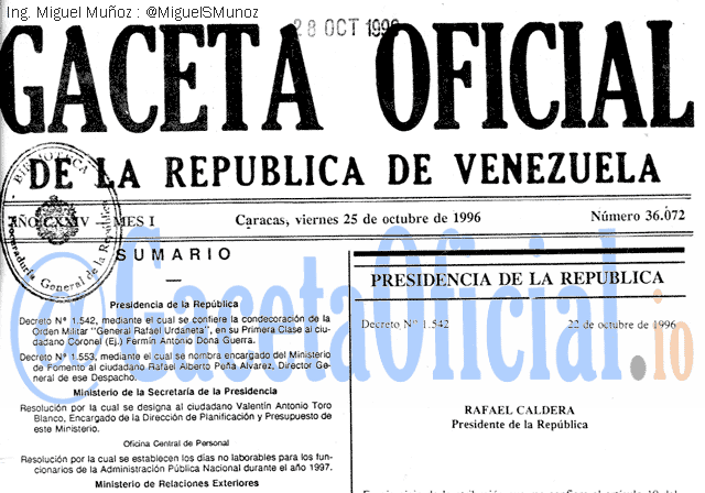 Gaceta Oficial 36072 del 25 Octubre 1996
