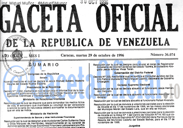 Gaceta Oficial 36074 del 29 Octubre 1996