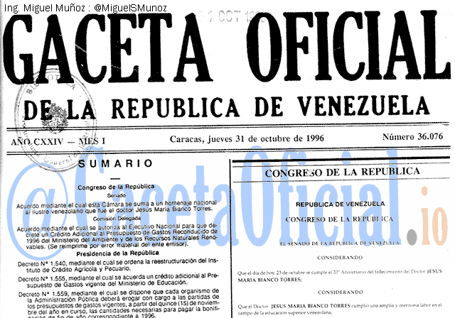 Gaceta Oficial 36076 del 31 Octubre 1996