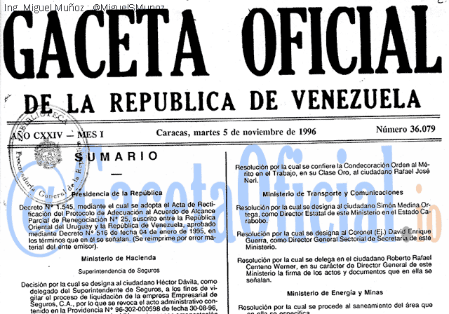 Gaceta Oficial 36079 del 5 Noviembre 1996
