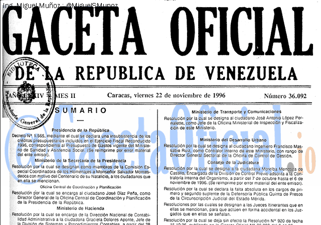 Gaceta Oficial 36092 del 22 Noviembre 1996