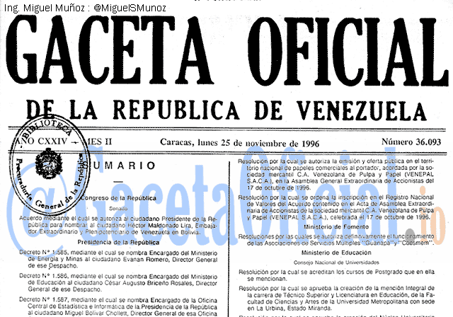 Gaceta Oficial 36093 del 25 Noviembre 1996