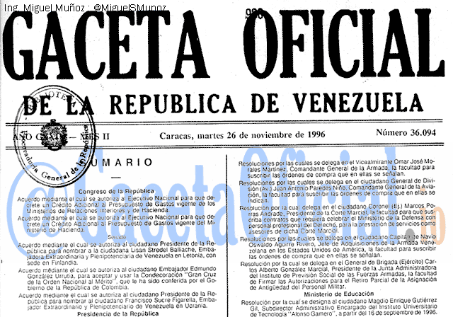 Gaceta Oficial 36094 del 26 Noviembre 1996