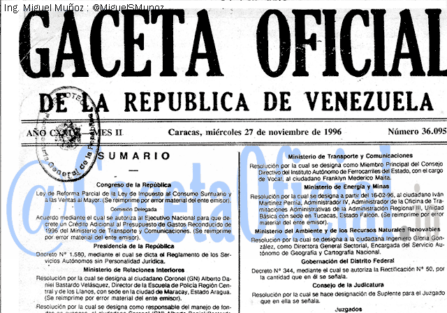 Gaceta Oficial 36095 del 27 Noviembre 1996