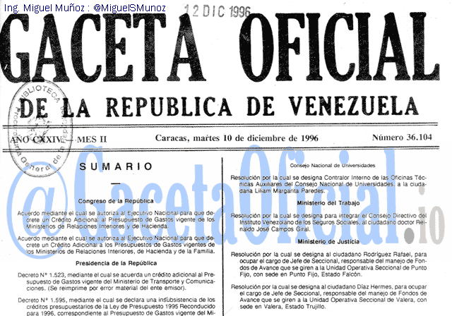 Gaceta Oficial 36104 del 10 Diciembre 1996