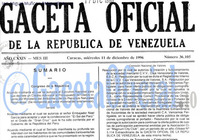 Gaceta Oficial 36105 del 11 Diciembre 1996