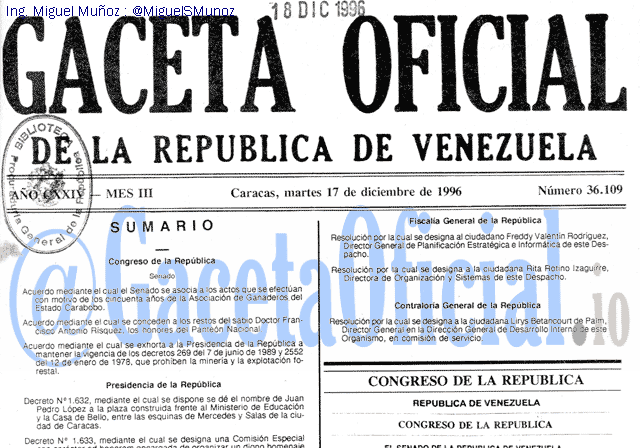 Gaceta Oficial 36109 del 17 Diciembre 1996