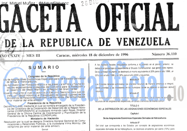 Gaceta Oficial 36110 del 18 Diciembre 1996