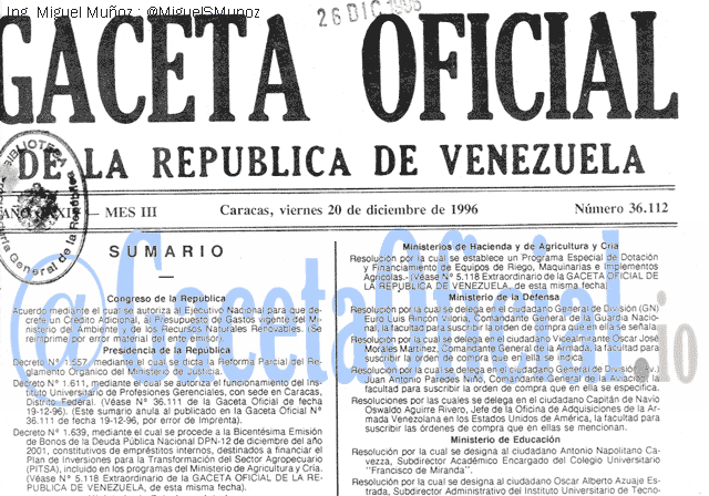 Gaceta Oficial 36112 del 20 Diciembre 1996