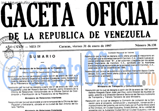 Gaceta Oficial 36138 del 31 Enero 1997