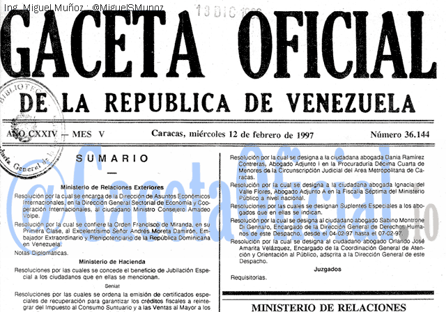 Gaceta Oficial 36144 del 12 Febrero 1997