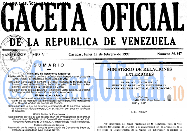 Gaceta Oficial 36147 del 17 Febrero 1997