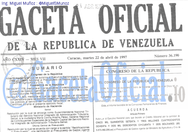 Gaceta Oficial 36190 del 22 Abril 1997