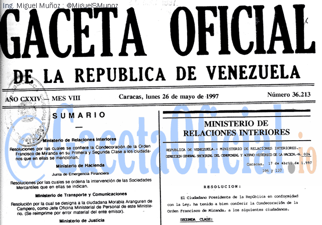 Gaceta Oficial 36213 del 26 Mayo 1997