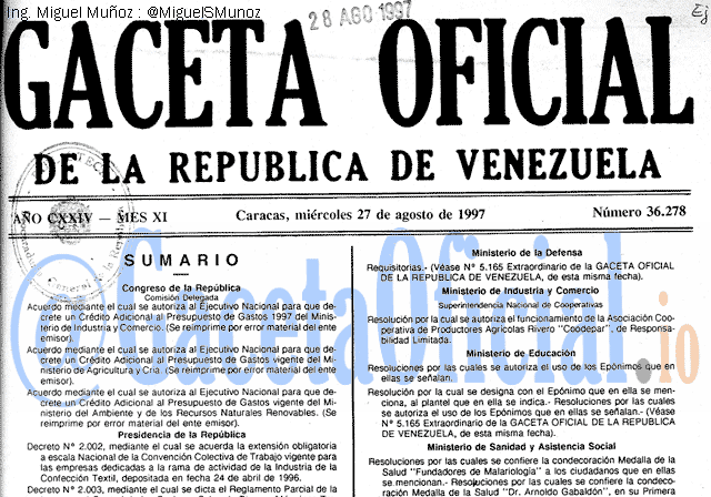 Gaceta Oficial 36278 del 27 Agosto 1997