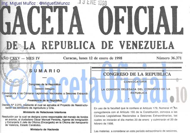 Gaceta Oficial 36371 del 12 Enero 1998