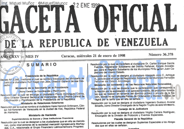 Gaceta Oficial 36378 del 21 Enero 1998