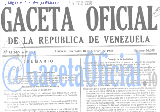 Gaceta Oficial 36398 del 18 Febrero 1998