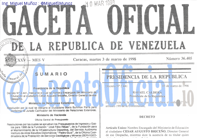 Gaceta Oficial 36405 del 3 Marzo 1998