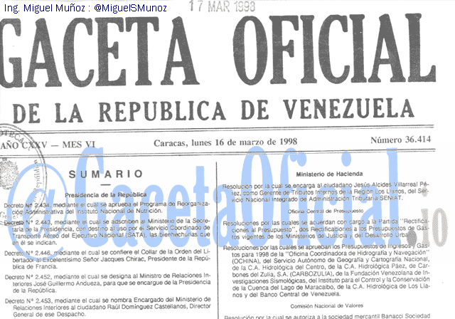 Gaceta Oficial 36414 del 16 Marzo 1998