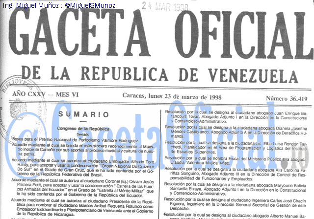 Gaceta Oficial 36419 del 23 Marzo 1998