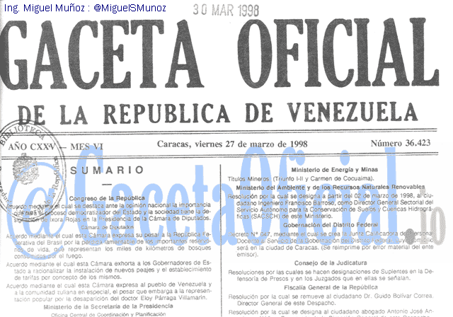 Gaceta Oficial 36423 del 27 Marzo 1998