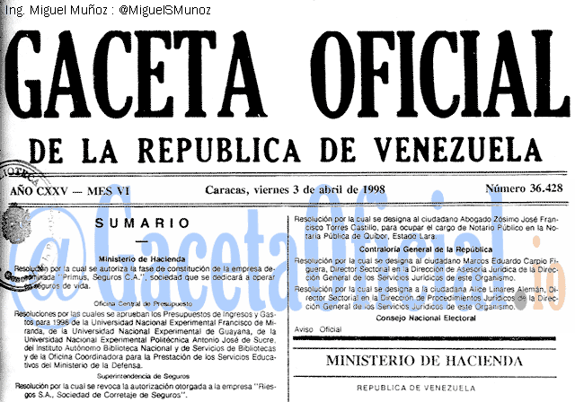 Gaceta Oficial 36428 del 3 Abril 1998