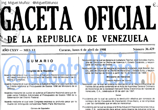 Gaceta Oficial 36429 del 6 Abril 1998