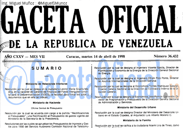 Gaceta Oficial 36432 del 14 Abril 1998