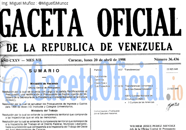 Gaceta Oficial 36436 del 20 Abril 1998