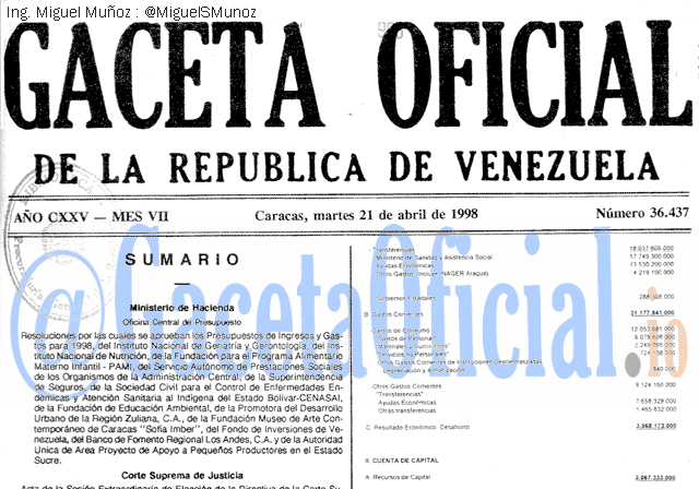 Gaceta Oficial 36437 del 21 Abril 1998