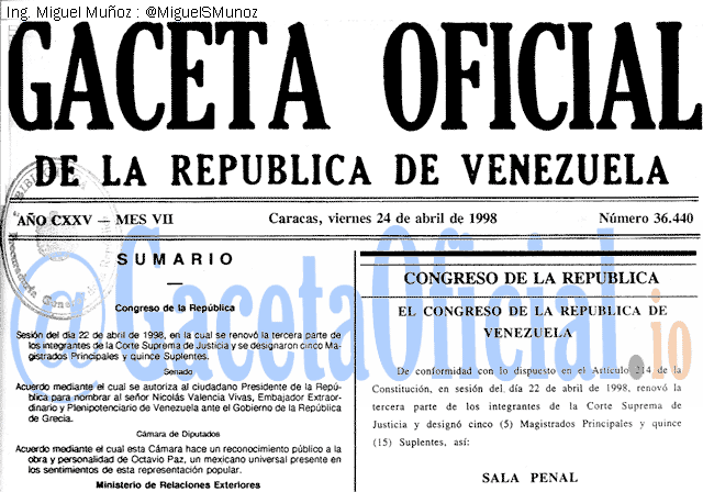 Gaceta Oficial 36440 del 24 Abril 1998