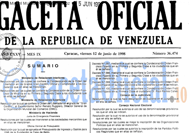 Gaceta Oficial 36474 del 12 Junio 1998