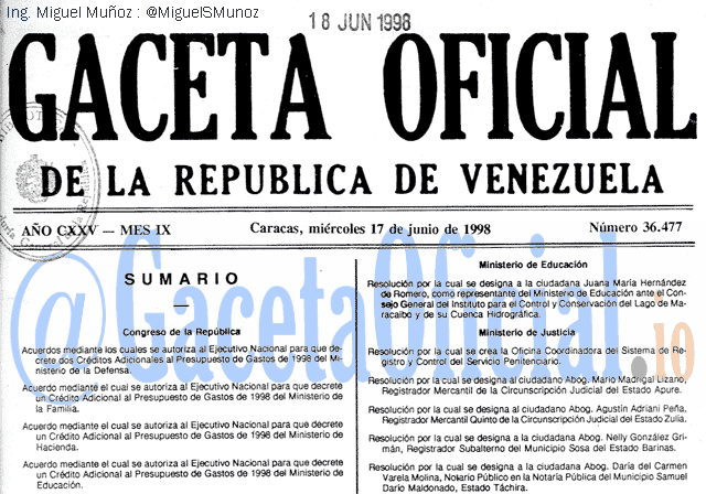 Gaceta Oficial 36477 del 17 Junio 1998