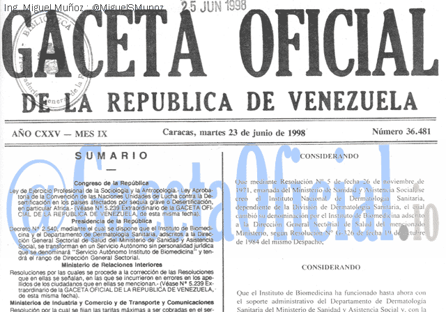 Gaceta Oficial 36481 del 23 Junio 1998