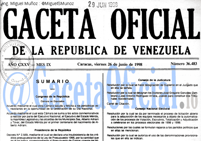 Gaceta Oficial 36483 del 26 Junio 1998