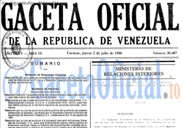 Gaceta Oficial 36487 del 2 Julio 1998