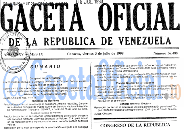 Gaceta Oficial 36488 del 3 Julio 1998