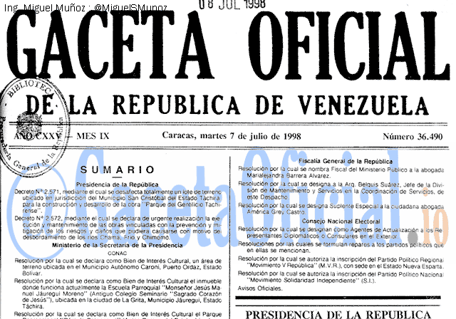 Gaceta Oficial 36490 del 7 Julio 1998