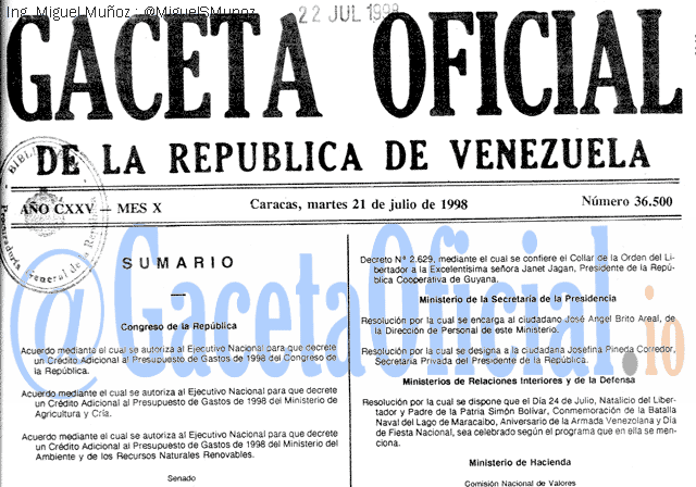 Gaceta Oficial 36500 del 21 Julio 1998