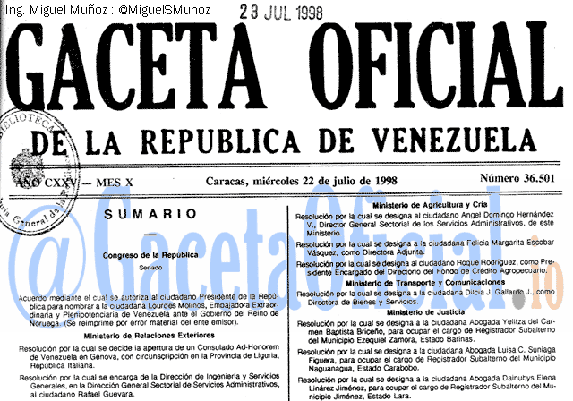 Gaceta Oficial 36501 del 22 Julio 1998