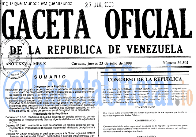 Gaceta Oficial 36502 del 23 Julio 1998