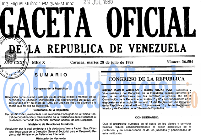 Gaceta Oficial 36504 del 28 Julio 1998