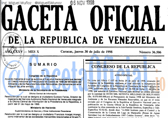Gaceta Oficial 36506 del 30 Julio 1998