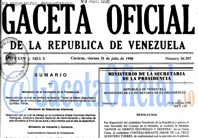 Gaceta Oficial 36507 del 31 Julio 1998