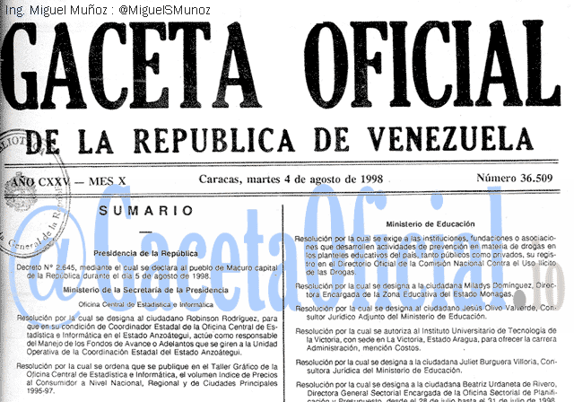 Gaceta Oficial 36509 del 4 Agosto 1998