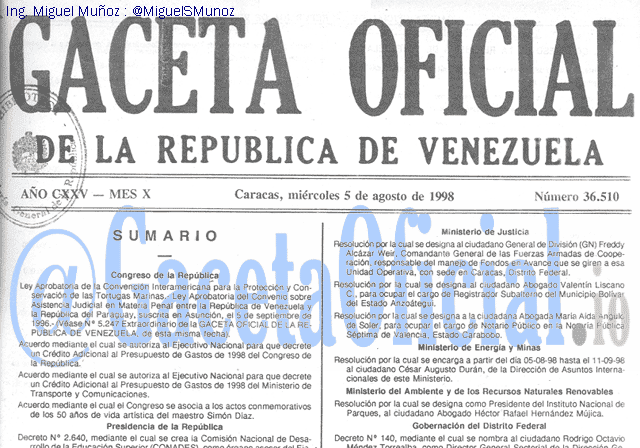 Gaceta Oficial 36510 del 5 Agosto 1998