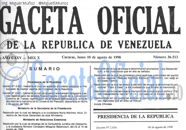 Gaceta Oficial 36513 del 10 Agosto 1998
