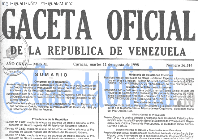 Gaceta Oficial 36514 del 11 Agosto 1998