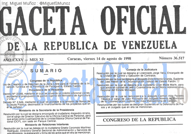 Gaceta Oficial 36517 del 14 Agosto 1998